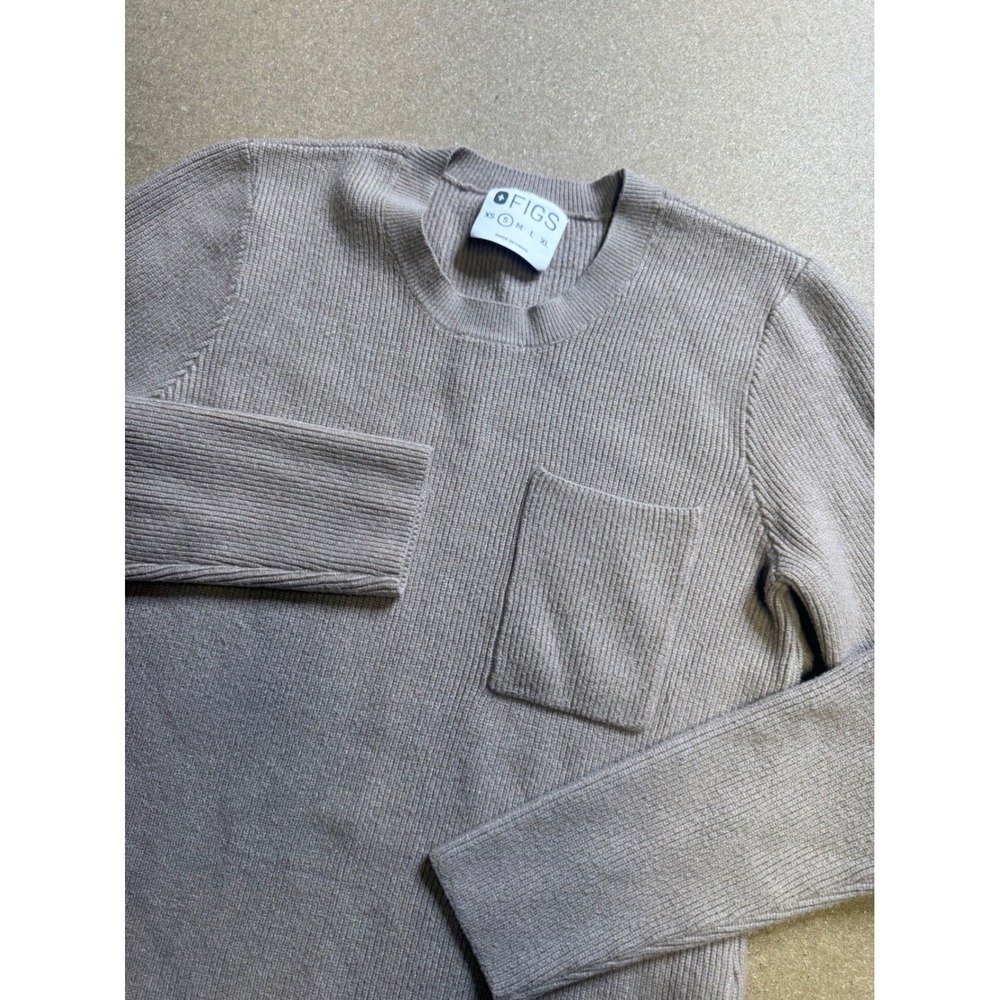 FIGS Womens Tan Ribbed Crew Neck Long Sleeve Pocket Sweater Top Size S